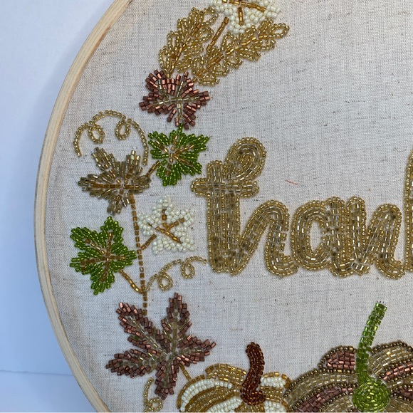 Embroidery Hoop Wall Hanging “Thankful” Wheat Material Stunning Bead Work - Picture 4 of 6